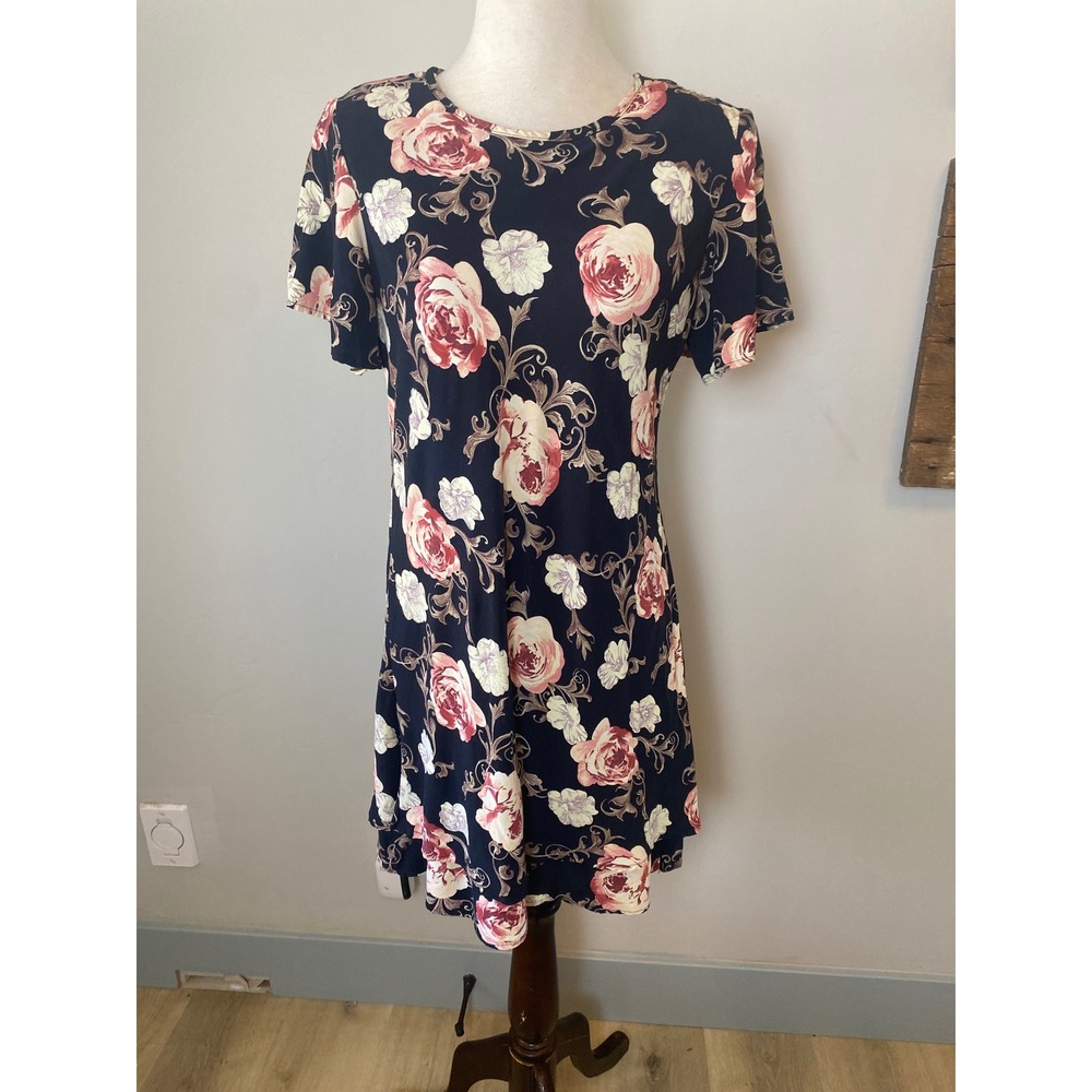 Ms Basia California Vintage 90s Floral Tiered Mini Dress Navy Pink Rose Size 12